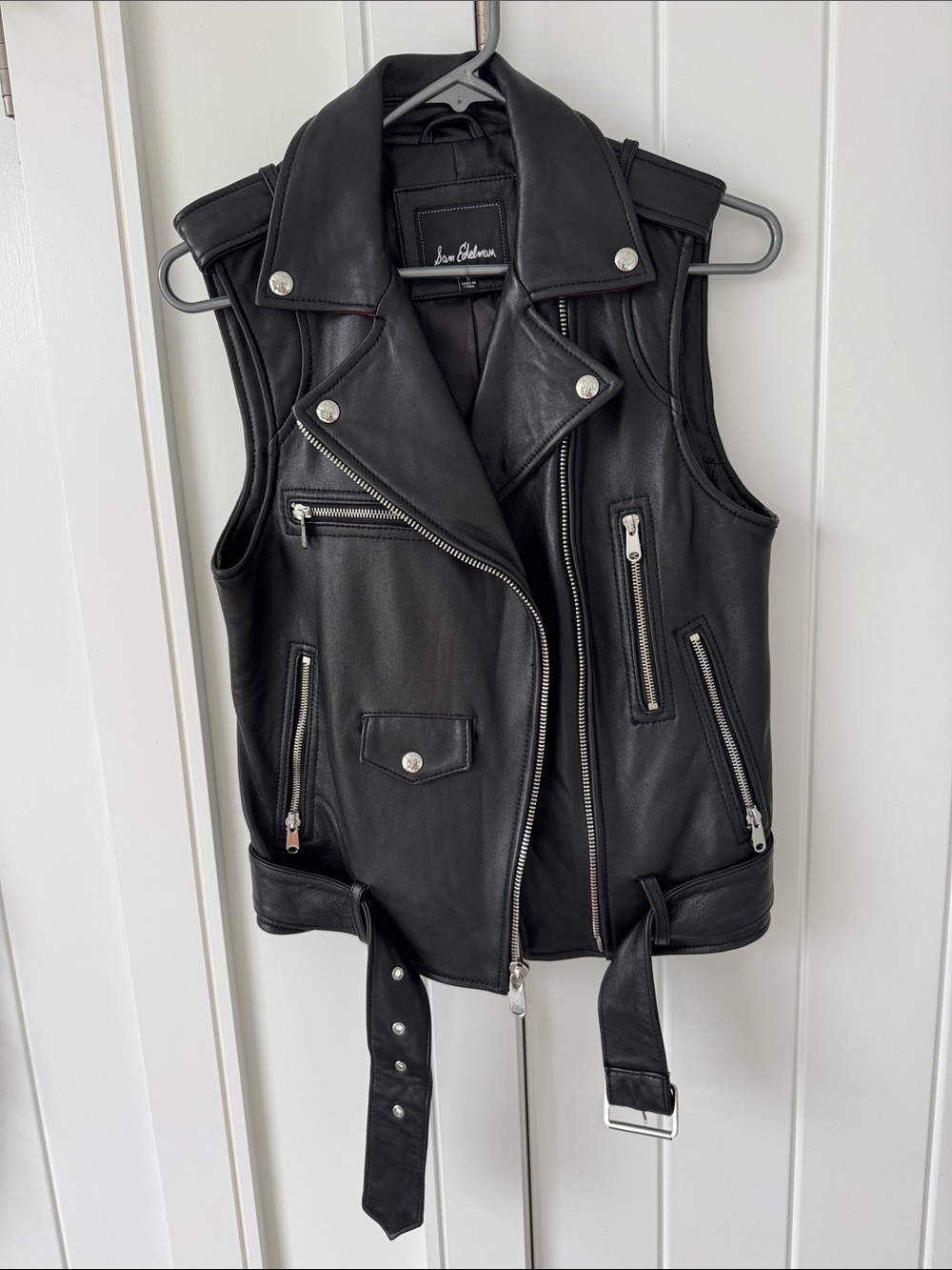 Sam Edelman Black Lamb Leather Sleeveless Moto Jacket with Belt